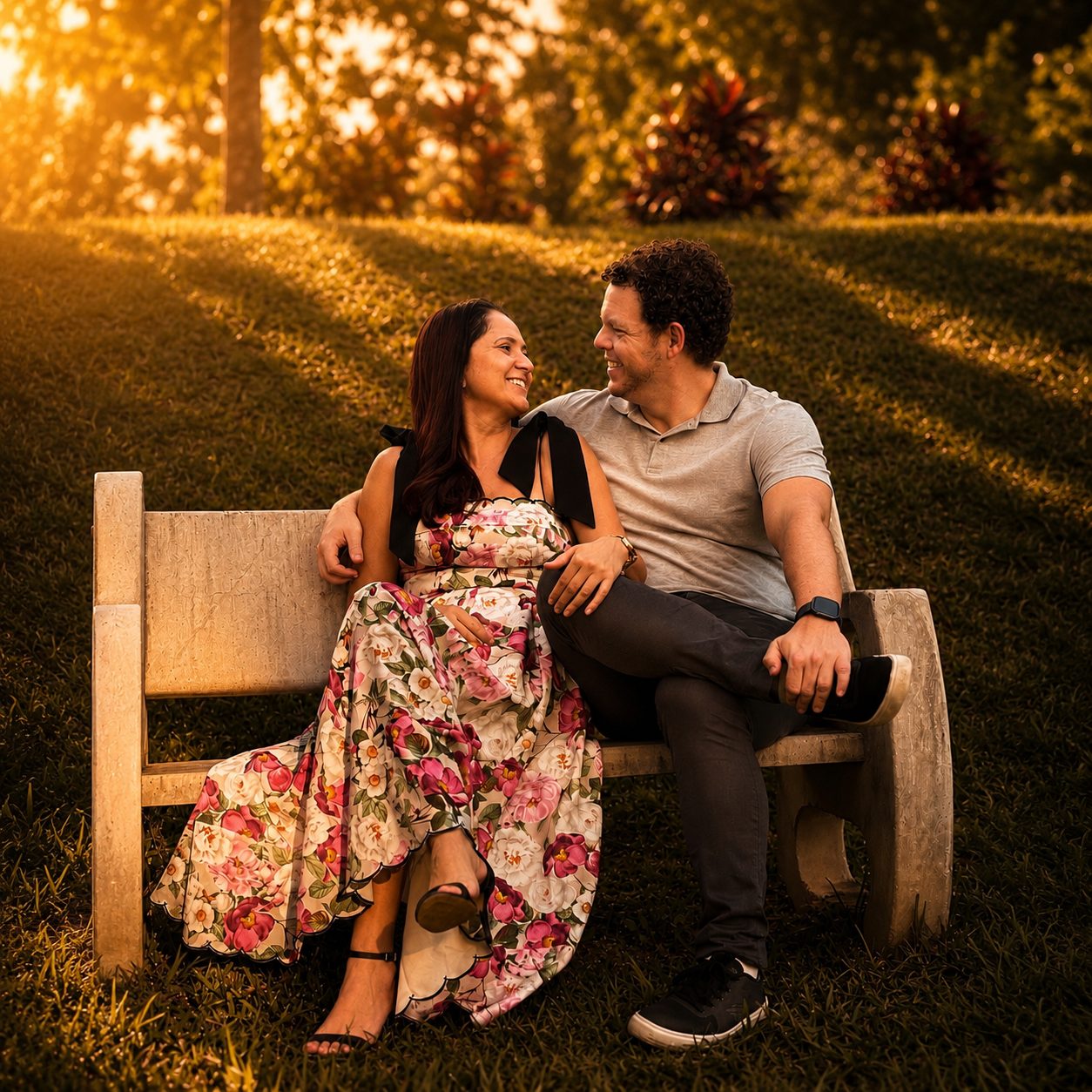 Lucas e Vivian no banco ao pôr do sol